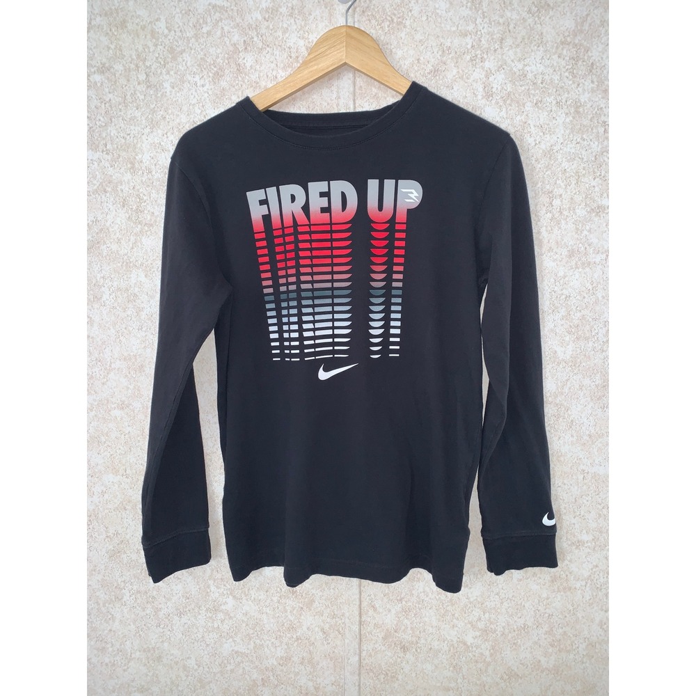 Nike Kids XL Black Fired Up Graphic Long Sleeve T-Shirt Cotton Swoosh Tee 13-15Y